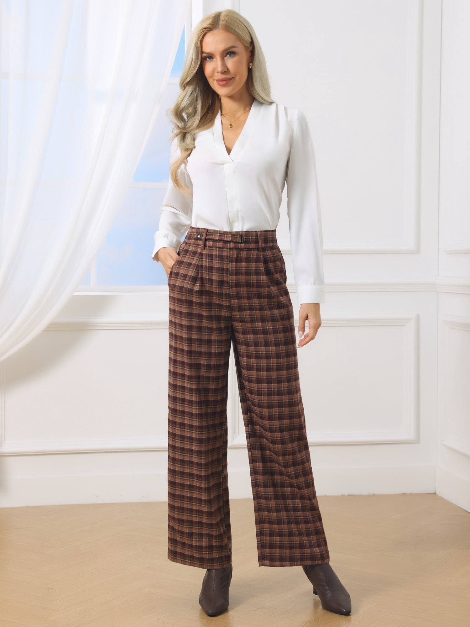 DARING DIVA Women's Plaid Vintage Wide Leg Trousers for Work X-Large Red