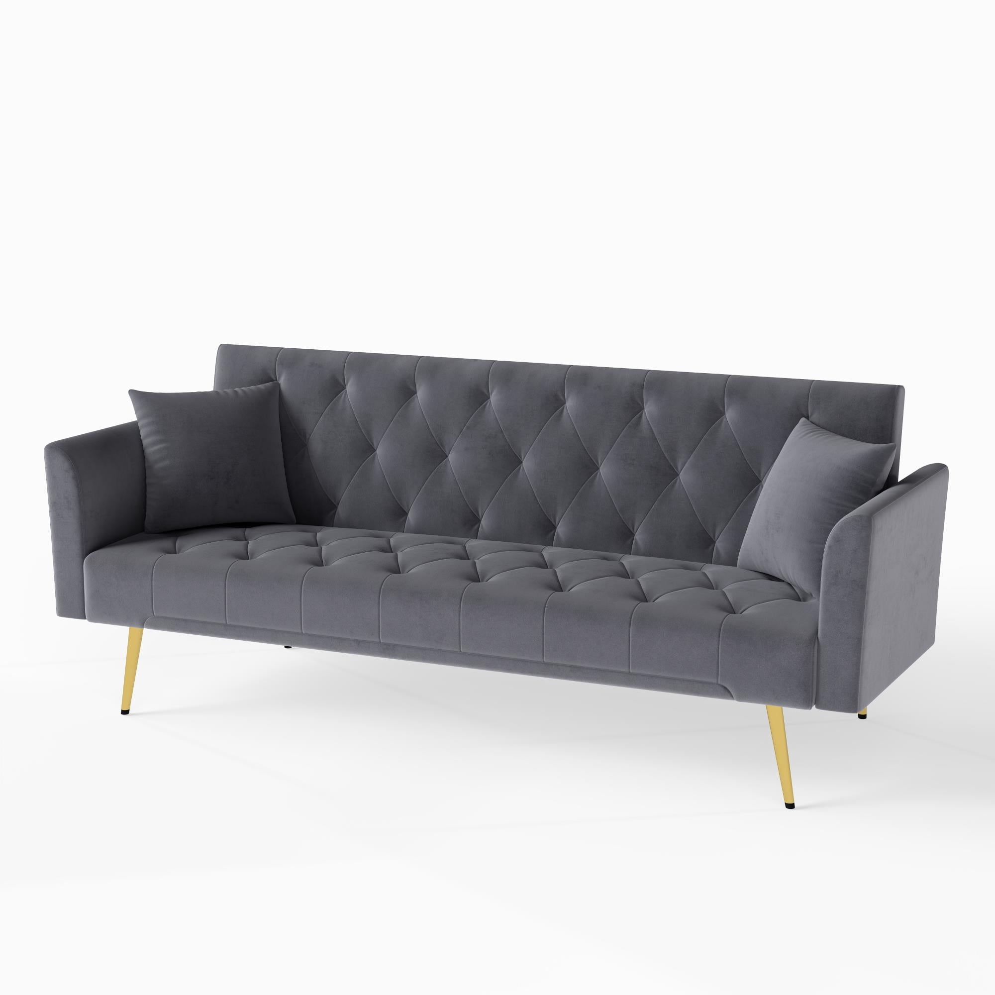 Aukfa 72" Tufted Futon Convertible Sofa Bed for Home Office, 2 Pillows, Velvet, Gray