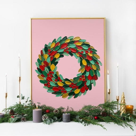YaHaku Textured Pink Christmas Wreath Art Print | Modern Holiday Decor | Pink Festive Wall Art | Vibrant Wreath | Unique Holiday Gift