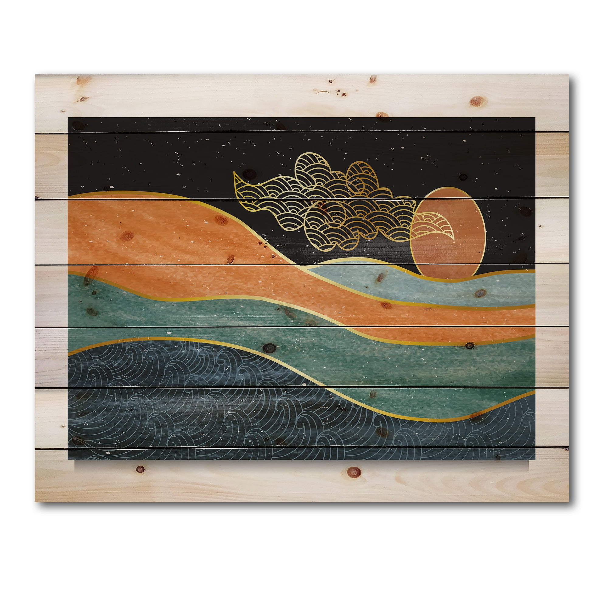 Designart 'Abstract Nature Sea Sun Sky Mountain Landscape' Modern Print on Natural Pine Wood