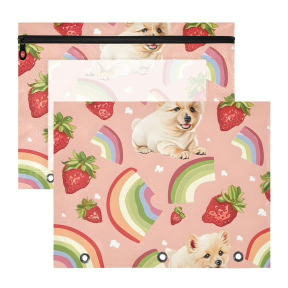 Strawberries Cute Puppies Rainbows 3-Ring Binder Pouches A4 Size Zipper Pocket File Storage 2 Packs
