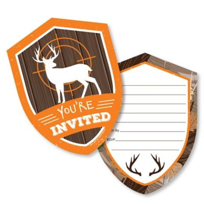 Gone Hunting - Shaped Fill-In Invitations - Deer Hunting Camo Baby Shower or Birthday Party Invitation Cards with Envelopes - Set of 12