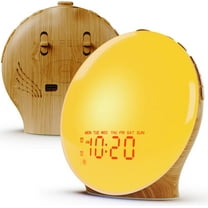 Wake Up Light Sunrise Alarm Clock for Kids, Heavy Sleepers, Bedroom, Full Screen with Sunrise/Sunset Simulation, Dual Alarms, FM Radio, 15 Colorful Nihgt Lights, Natural Sounds, Wood Grain