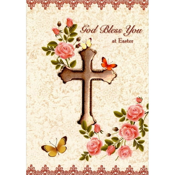 Designer Greetings Cross, Pink Flowers and Butterflies Religious Easter Card