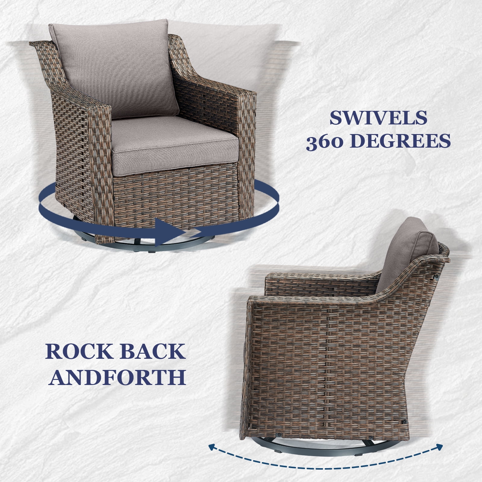 Gymojoy 2-Piece Outdoor Swivel Gliders, Patio Wicker Bistro Furniture Swivel Rocking Chair Set for Porch Balcony Backyard,Gray Cushion