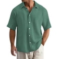 thumbnail image 4 of Men's Short Sleeve Button Down Shirt, Cotton Solid Color Textured Pleated Casual Shirt, Lightweight Loose Fit Beach Vacation Top for Men, Double Layer Crinkle Shirt Green L, 4 of 10