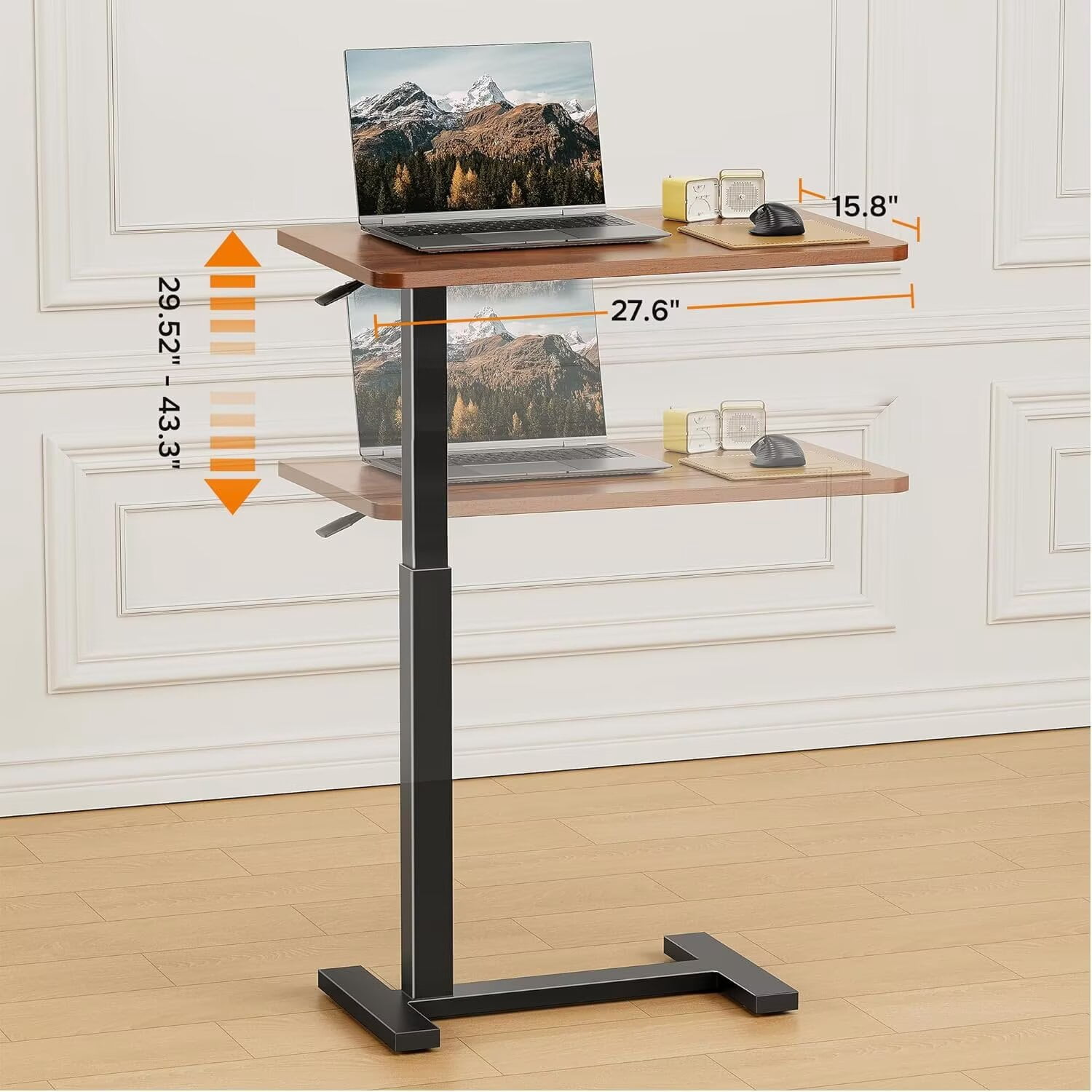 Simple Deluxe Adjustable Overbed Bedside Table with Wheels, Rolling Laptop Table, Pneumatic Adjustable Hospital & Home Use Bed Table, Mobile Standing Desk, Brown