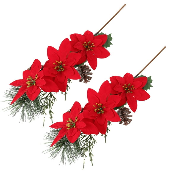 PAMINGONO 2Pcs Holiday Floral Picks Red Poinsettia Flower Stems for Christmas Party Home Decor 19x4.7in