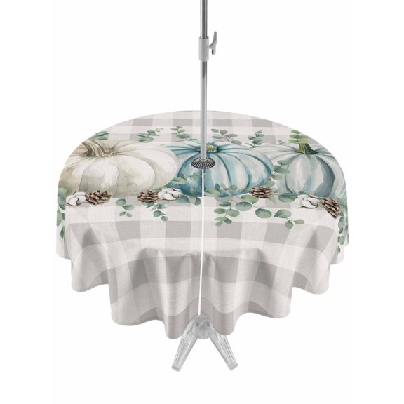 Outdoor Tablecloth with Umbrella Hole and Zipper, Blue Pumpkins Thanksgiving Round Table Cloth 60 Inch Waterproof Tablecloth, Fall Green Eucalyptus Farmhouse Plaid Picnic Table Cover for Patio