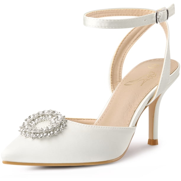 Zapatos de tacón de aguja con correa en el tobillo y diamantes de imitación para mujer blanco, EE. UU. 7