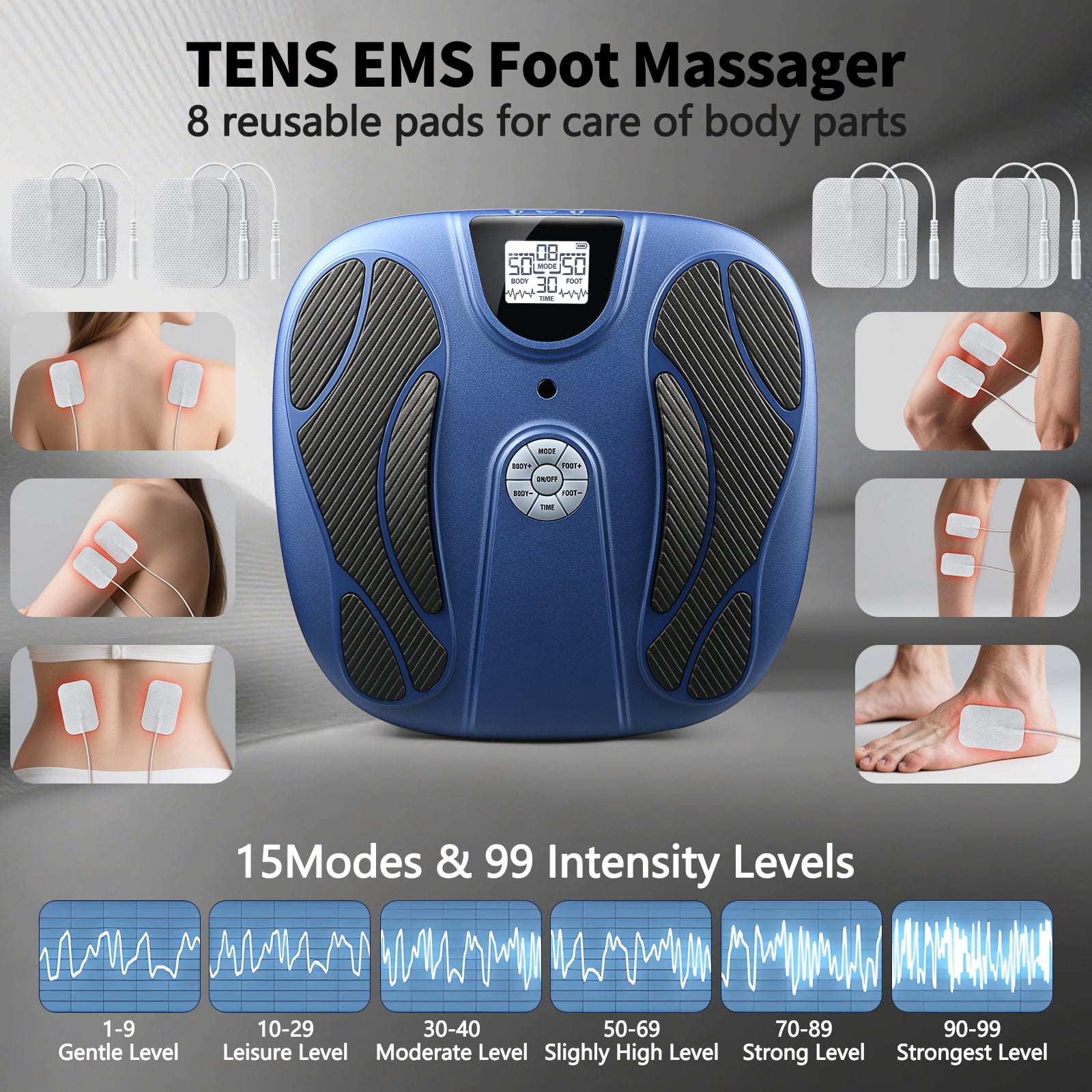 OSITO Rechargeable EMS Foot Massager for Neuropathy, TENS Foot Massager with 8 Reusable Electrode Pads, Foot Massager for Circulation and Pain Relief, 15 Modes 99 Intensities (Blue)