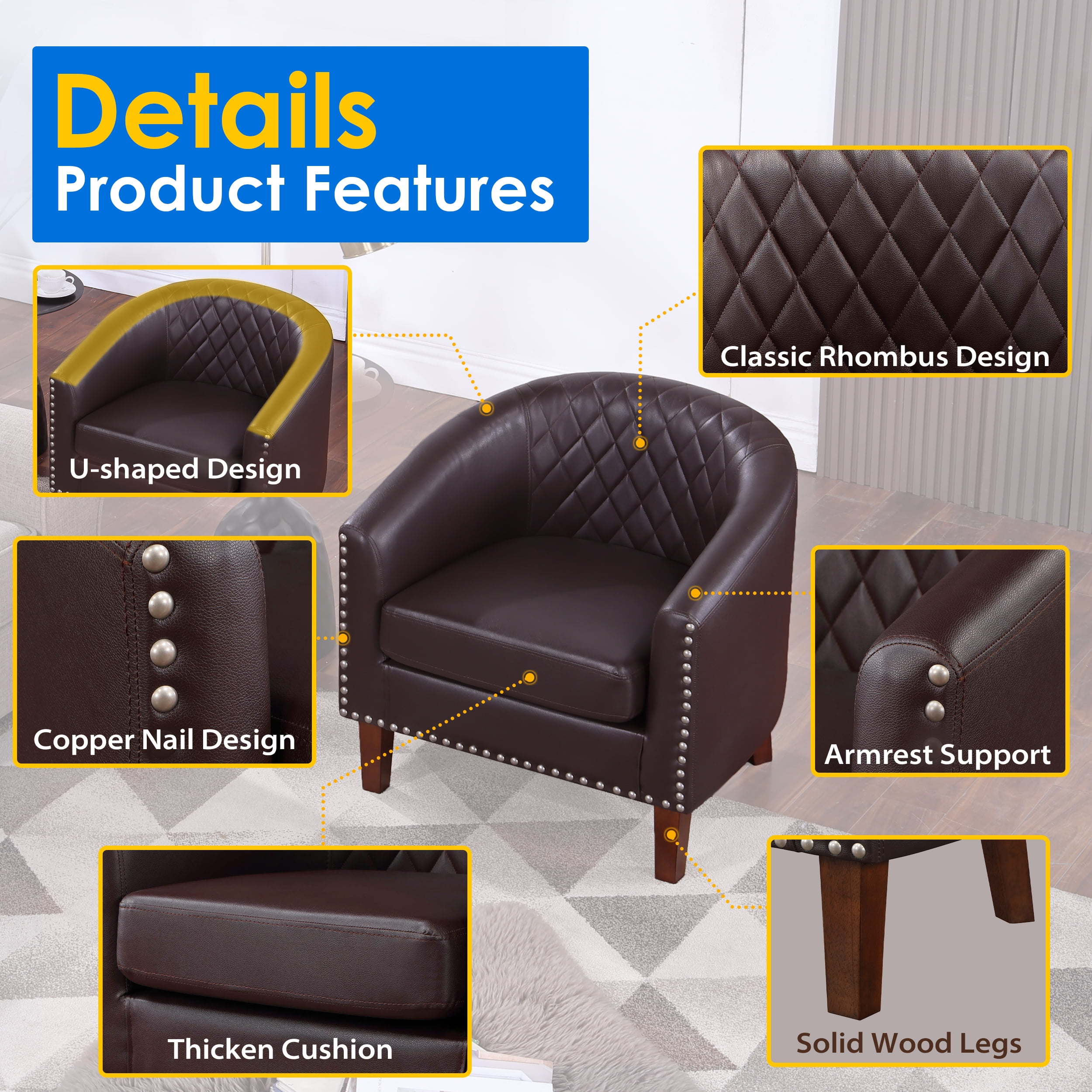 TrumanPick Modern Barrel Accent Chair Faux Leather Club Chair with Solid Wood Frame for Living Room Chair,Brown
