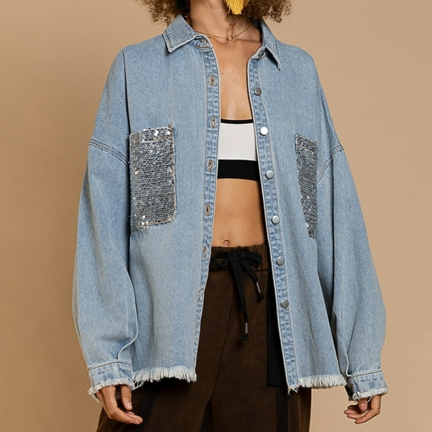Veste en Denim pour Femmes Lave Paillettes Ourlet Brut Veste Jean Stretch Casual Manches Longues Automne Printemps Vestes Manteau Walmart