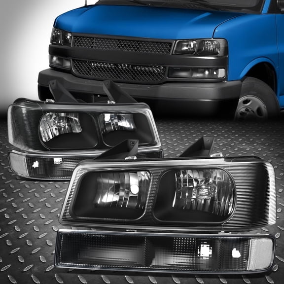NUVISION for 03-24 Chevy Express GMC Savana Black Halogen Headlights Bumper Lamp Assembly