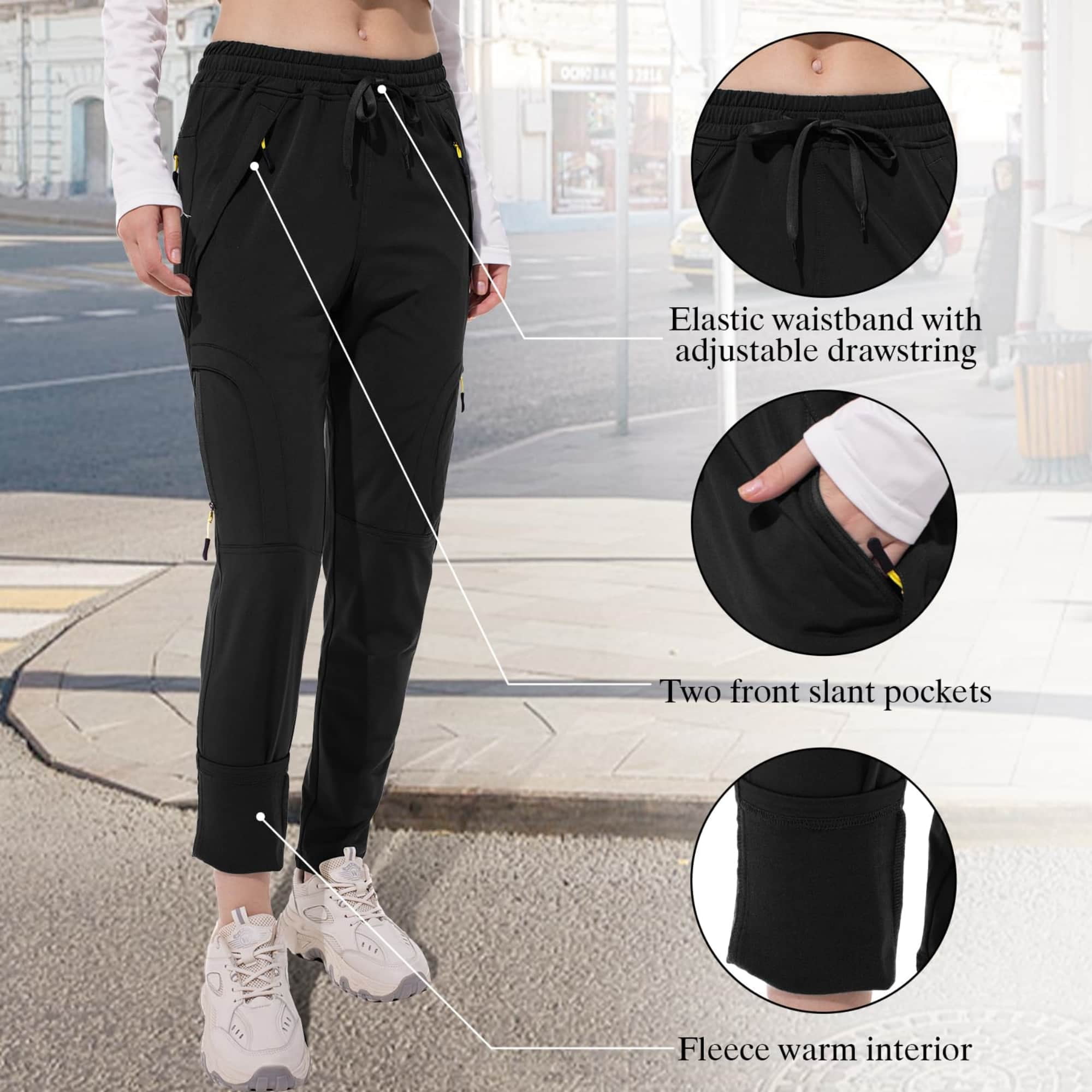 FEN AI Women's Fleece Lined Pants Winter Thermal Ski Pants Hiking Running Joggers Pants with Multi Pockets