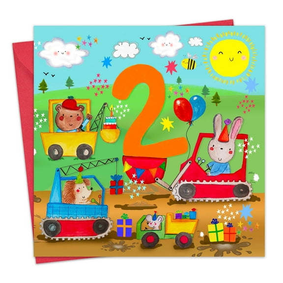 Twizler 2nd Birthday Card for Boys - Diggers - Age 2 Year Old Childrens Happy Birthday Card for Kids