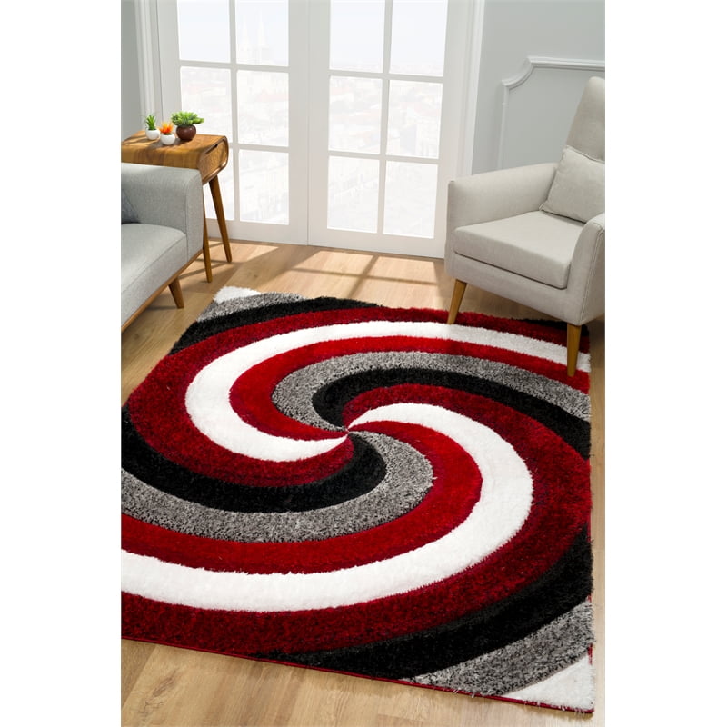 Pemberly Row 5x7 Geometric Shag 3D Textured High Pile Area Rug in Black and Red