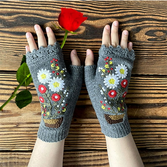 Womens Handmade Knitted Autumn Winter Gloves Retro Crochet Gloves