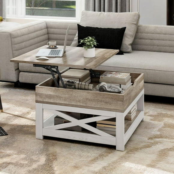 Farmhouse Lift Top Coffee Table w/ Hidden Storage Square Center Cocktail Table for Living Room, Gray Wash