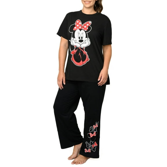 Women's Plus Size Minnie Mouse Sitting T-Shirt & Lounge Pants Black 2-Piece Set