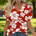 thumbnail image 2 of Uaswgudfs Women's Casual Loose Fit Printed V neck Short Sleeve T shirt Summer Breathable Floral Top Red L, 2 of 7