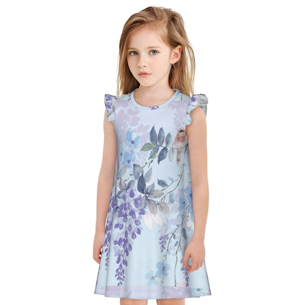 Fotbe Bird Butterfly Stripe Vestido de Dormir para Niñas de 3 a 10 Años, Mangas Cortas, Estilo Princesa, Pijama Camisón con Mangas Voladas-X-Large