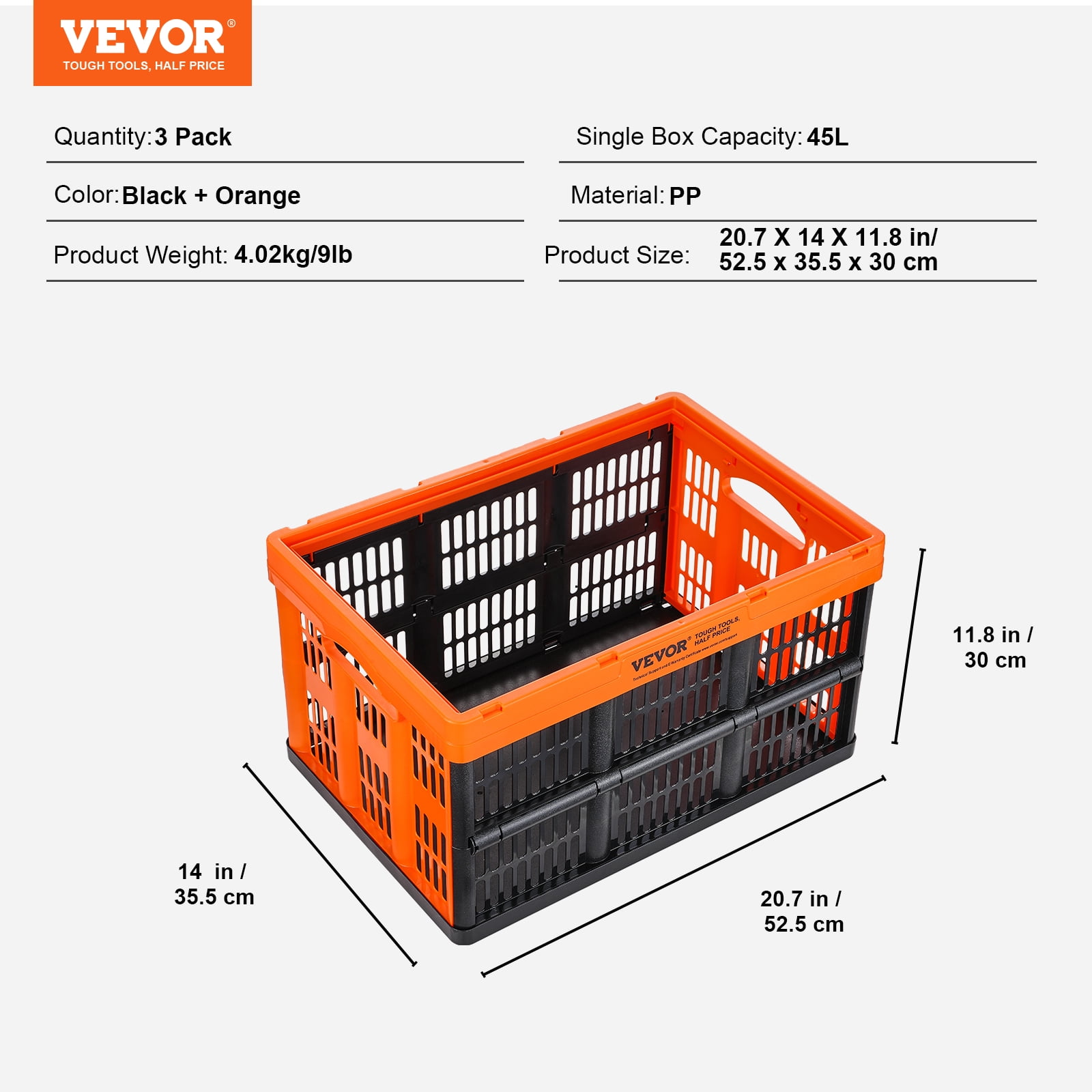VEVOR Plastic Collapsible Storage Basket, 45L 3 Packs, Folding Stackable Storage Containers/Bins with Handles, Large Heavy Duty Containers for Clothes, Toys, Books,Snack, Shoes and Grocery Organizing