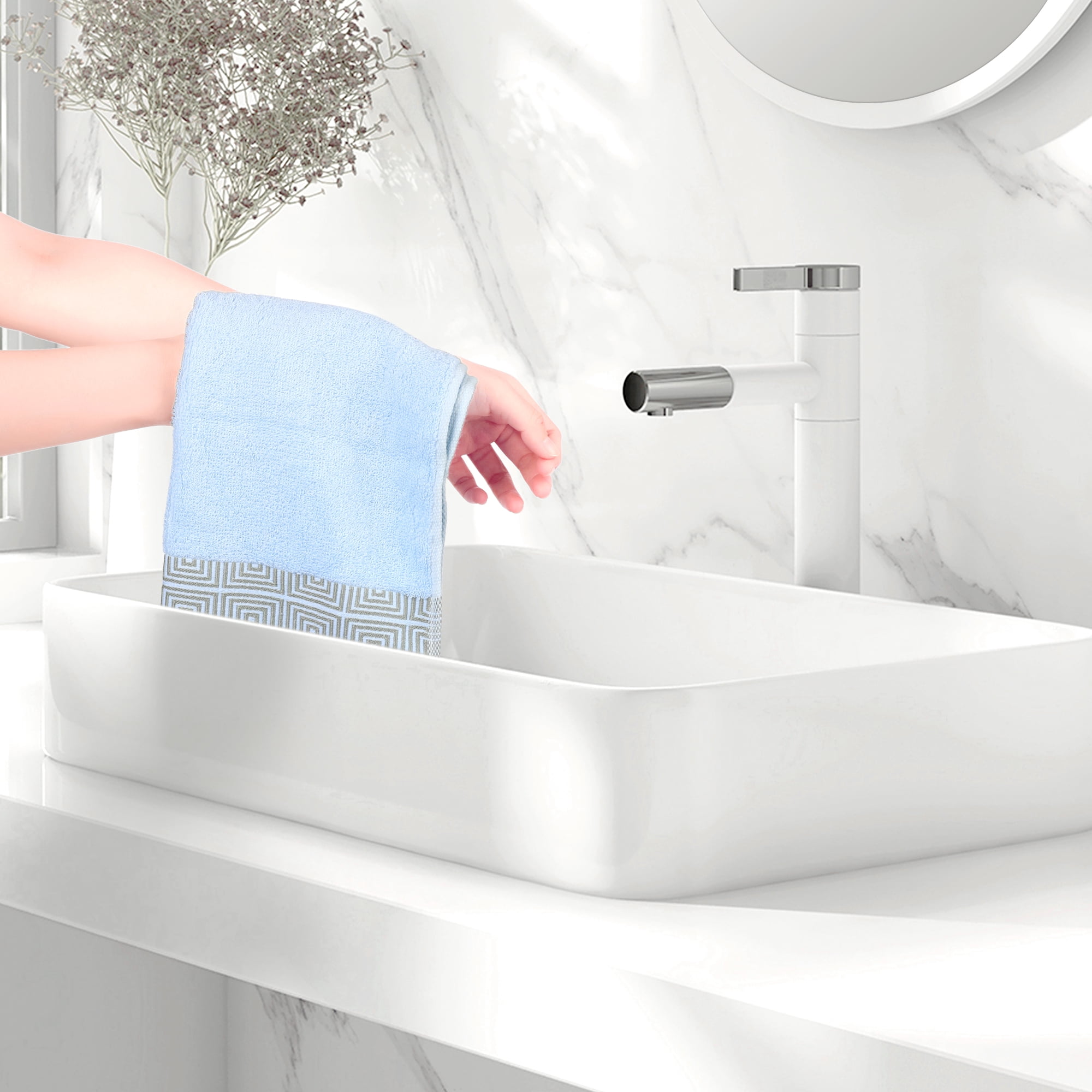 Unique Bargains Geometric Washcloths Set Cotton Bath Towels Low Lint Blue 4