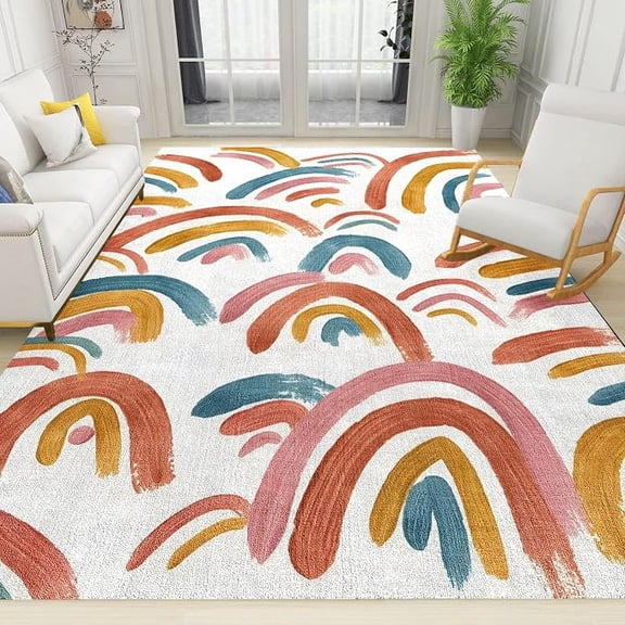 Bohemia Rainbows Area Rug for Bedroom, Mid Century Abstract Style Rugs Low Pile Indoor Carpet with Rubber Backing for Living Room Under Dining Table Home Office 5 x 6ft