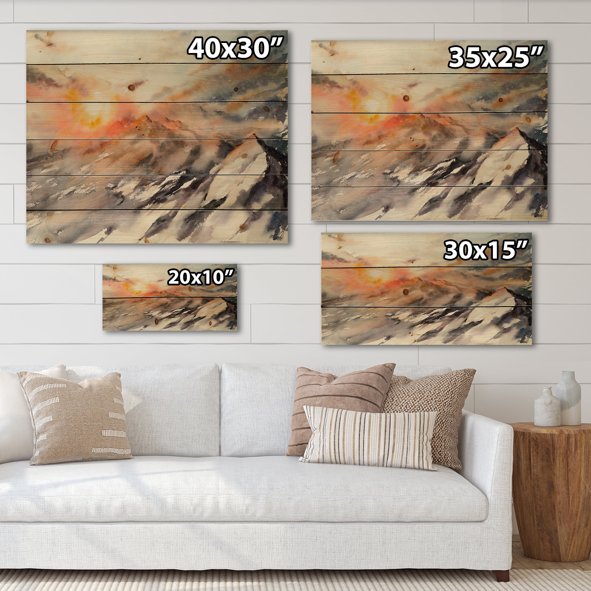 Designart 'Majestic Sunset Glow on The Mountains Landscape' Traditional Print on Natural Pine Wood