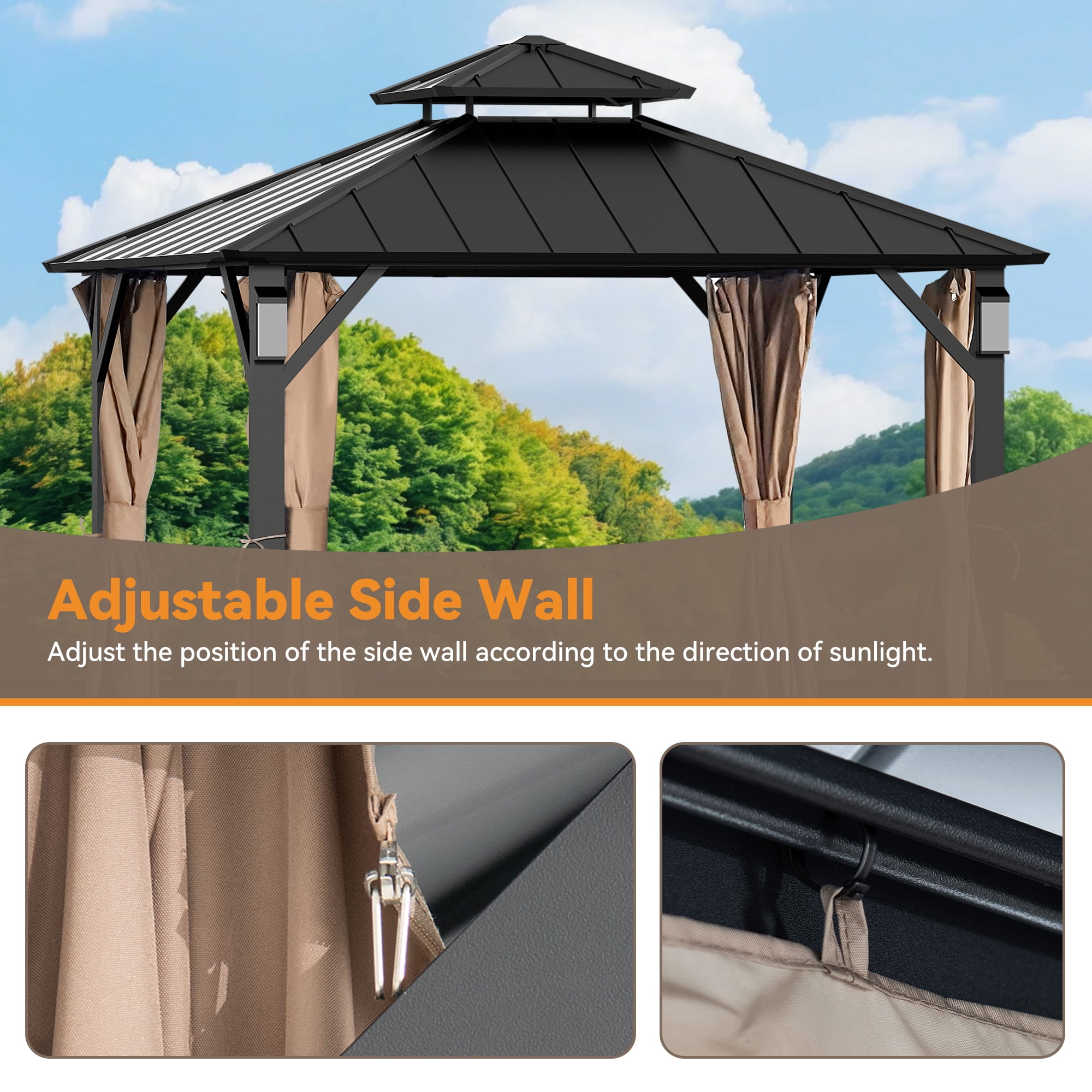 FONA Gazebo Curtain Replacement Universal 4-Panel Sidewalls 10'x10', Outdoor Gazebo Privacy Curtains with Zipper, Replacement for Outdoor, Patio Canopy, Garden and Backyard (Curtain Only)