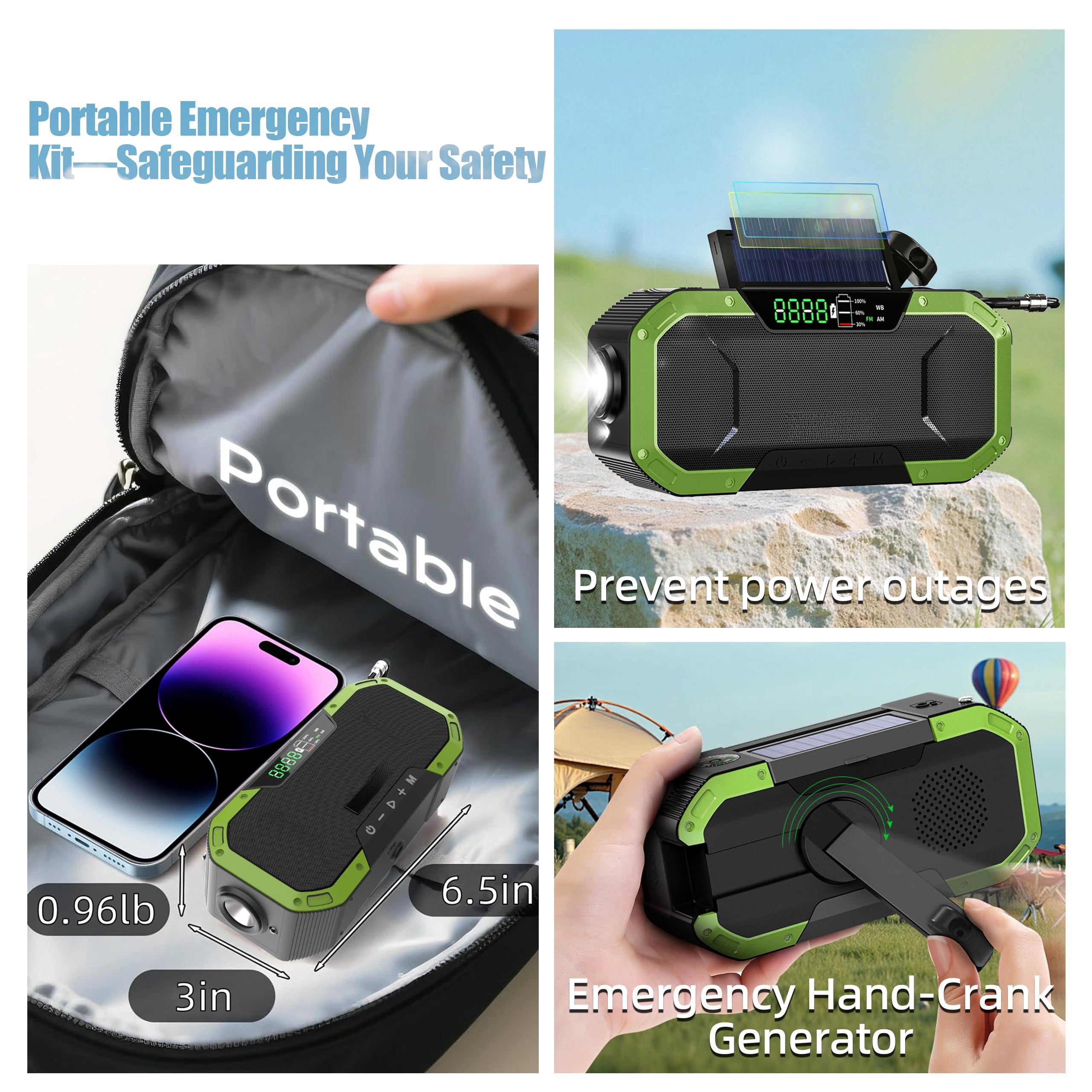 Hand Crank Emergency Radio Portable Am Fm Noaa Weather Solar Power 18500mwh/5000mah Operated Usb Charging Flashlight Waterproof Sos For Camping Outage Storm