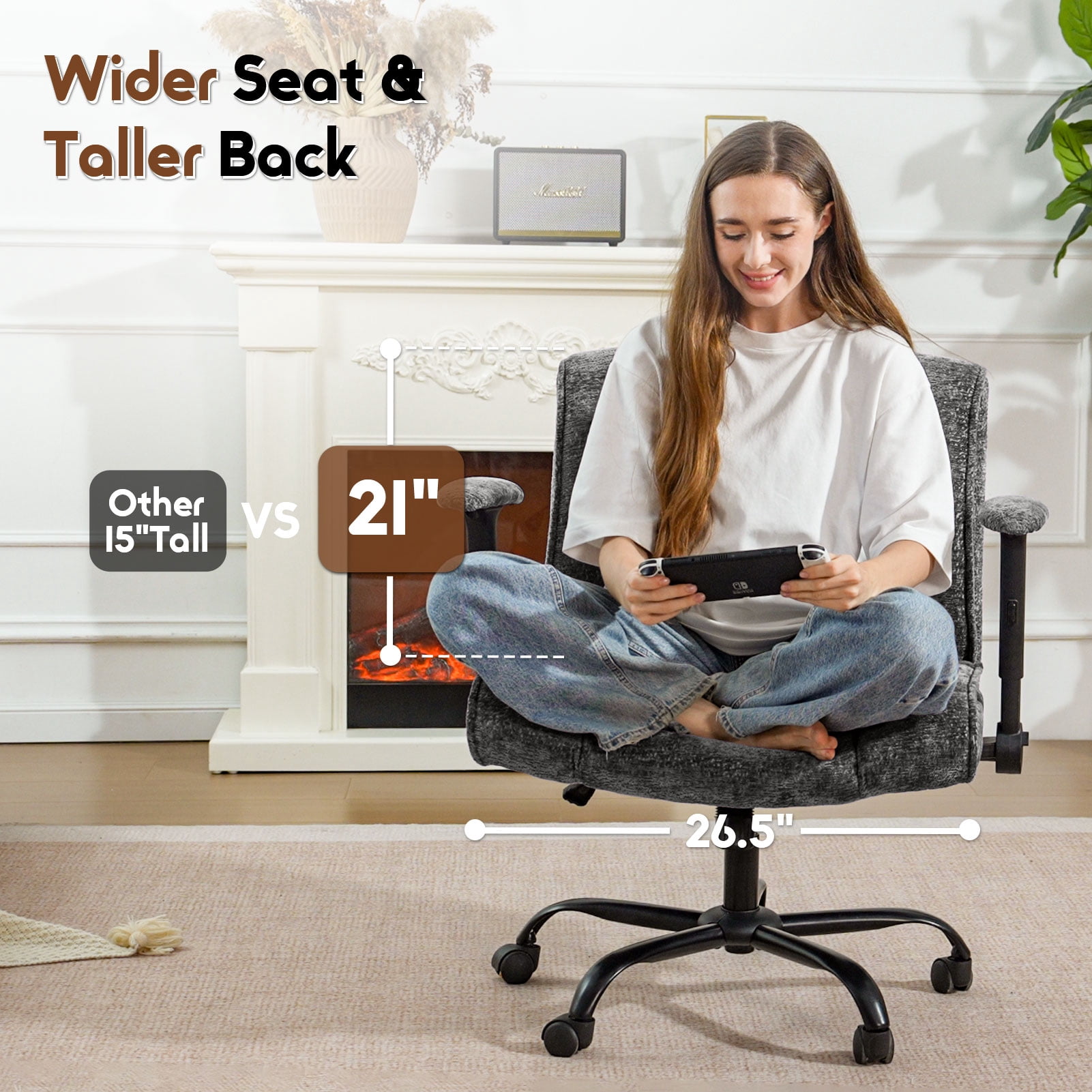 zzw Chenille Home Office Criss Cross Chair with Flip Arms, Lumbar Support and Wheels, Black