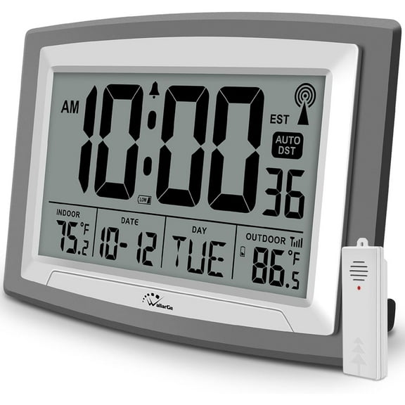 Atomic Clock with Outdoor and Indoor Temperature - 12.5 Inch Self-Setting Digital Clock Large Display, Battery Operated Wall Clocks or Desk Clocks for Bedroom, Livingroom, Office