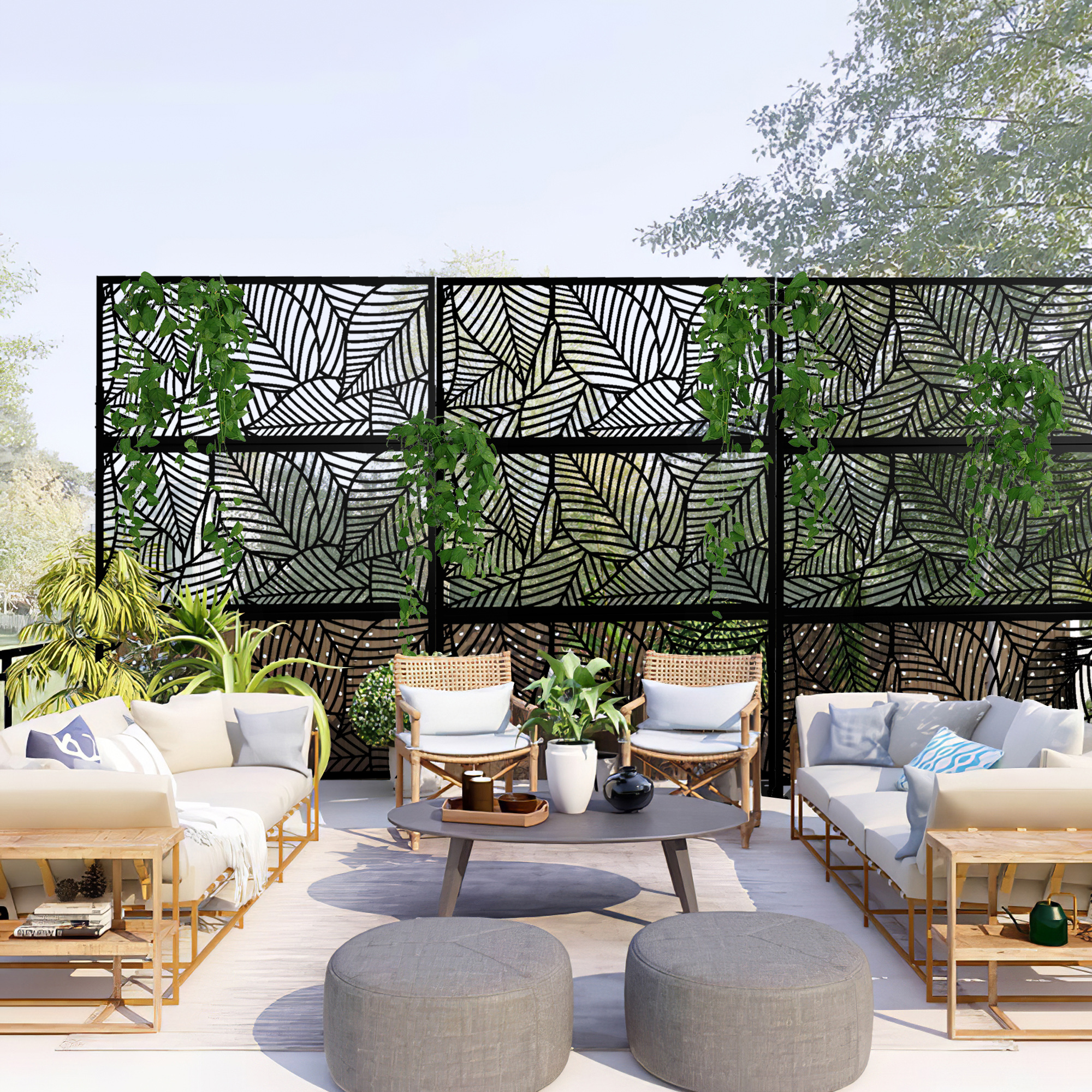 MAYEERTY 72×47" Outdoor Black Metal Privacy Panel Screen for Backyard & Garden, Leaf Pattern
