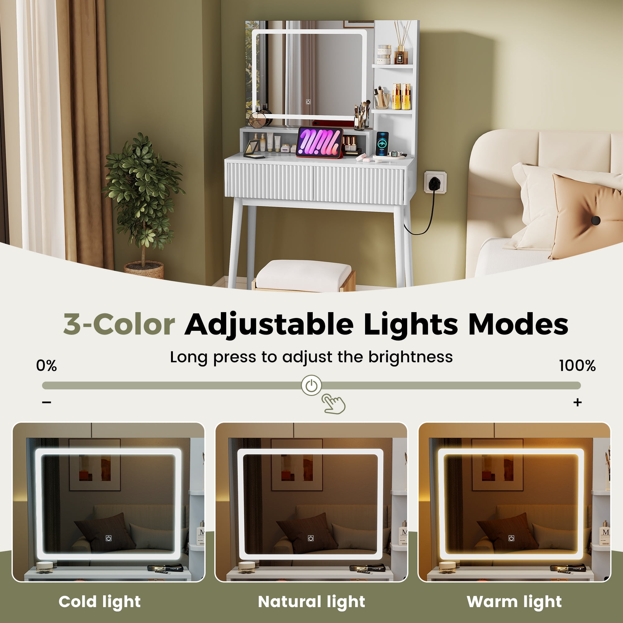 MOONMISS Vanity Desk with LED Lighted Mirror,3 Color Dimmable Makeup Vanity with Charging Station,2 Drawers & Open Shelves,Vanity Table for Bedroom