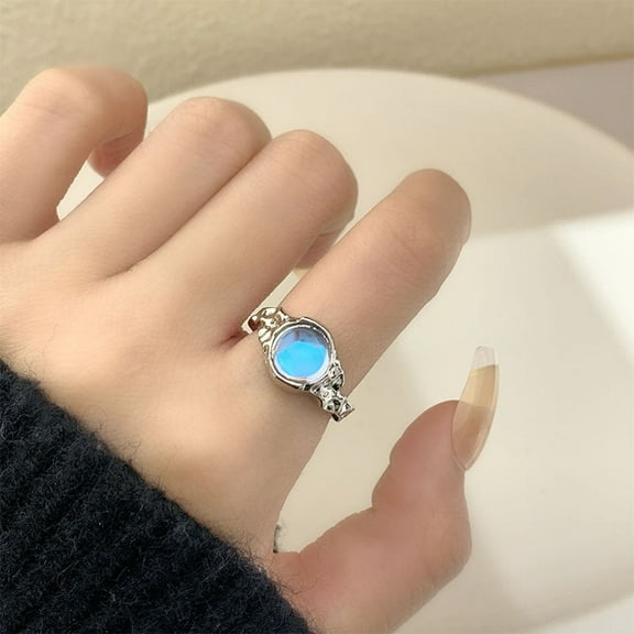 Womens Geometric Moonstone Ring and Metal Ring Plus Octagonal Zircon Ring Korean Fashion Jewelry Gift for Her Elegant Rings Trendy Accessories