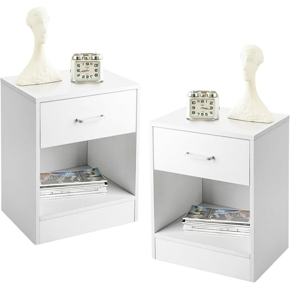 Karl home Nightstands Set of 2 with Drawer for Bedroom, Wood Night Stand Set 2 with Open Shelf, Modern Nightstand Bedside Tables Set of 2, End Table, White