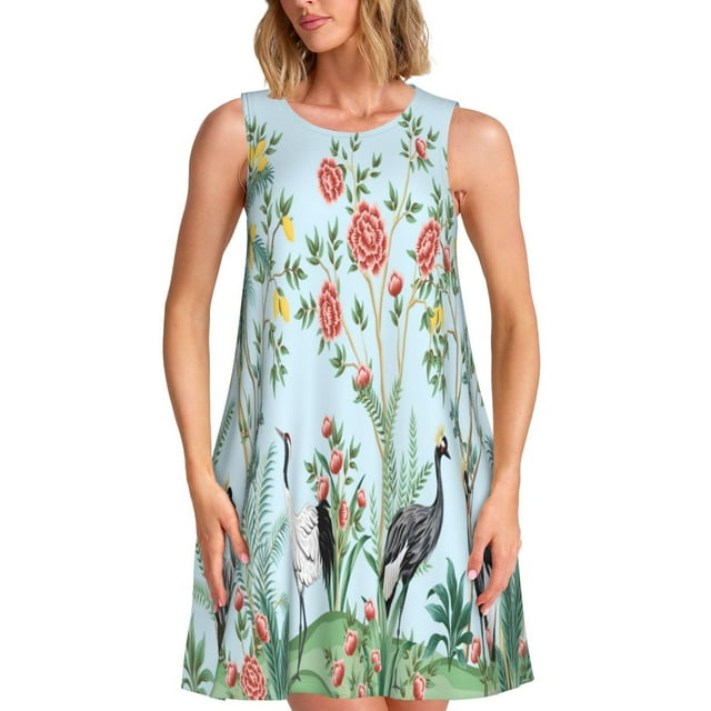 Fotbe Chinoiserie Floral Palm Tree Vestido de Verano sin Mangas para Mujer – Vestido Midi Línea A, Estilo Camiseta Floral, Vestido Playero Casual y Fluido