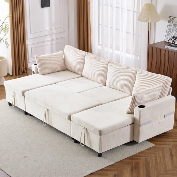 113.4" Beige Sectional Sofa Bed with Pull-Out Sleeper, U-Shaped Couch, Chenille & Corduroy Fabric, Storage Chaise, USB Ports, Cup Holders, Living Room Furniture