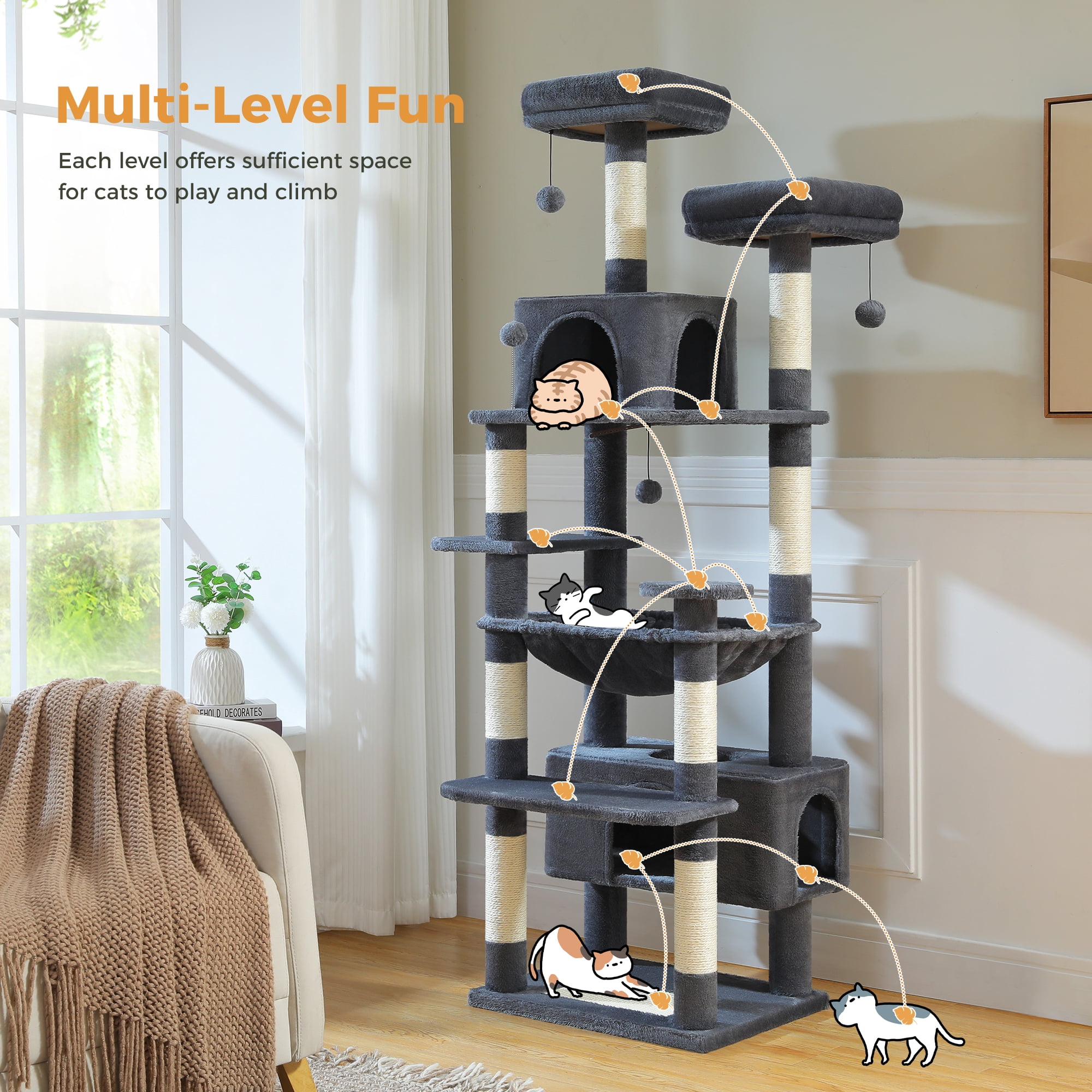 PAWZ Road 73"Cat Tree for Large Cats Multi Level Play Tower Condo 7 Sisal Cat Scratching Posts,Dark Gray