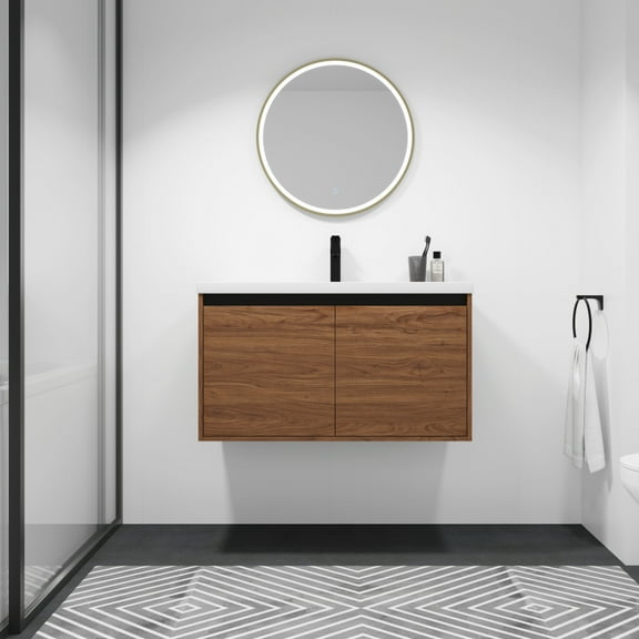 Fully Assembled Black 36 Inch Bathroom Vanity with resin Countertop Sink, 2 Doors Bathroom Cabinet Set