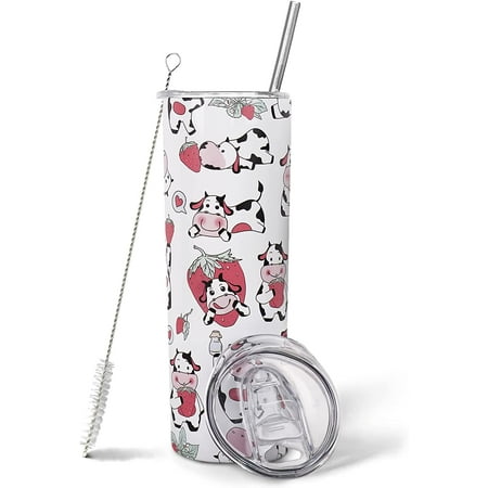 

Strawberry Cow Print Tumbler-20 oz Skinny Tumbler with Lid and Straw-Cow Gifts for Women Birthday Gifts for Women-Strawberry Decor Strawberry Accessories-Insulated Cow Tumbler Cute Cups Cute Tumbler