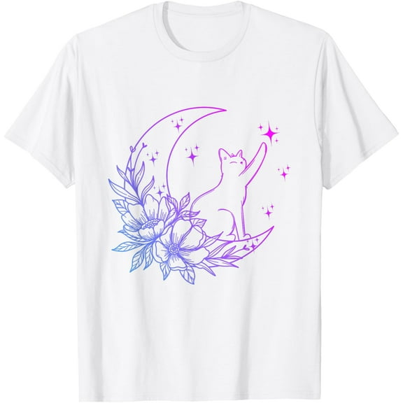 Exquisite and comfortable-Cat Sitting On Crescent Moon Flowers Stars Women Girls Kids T-Shirt