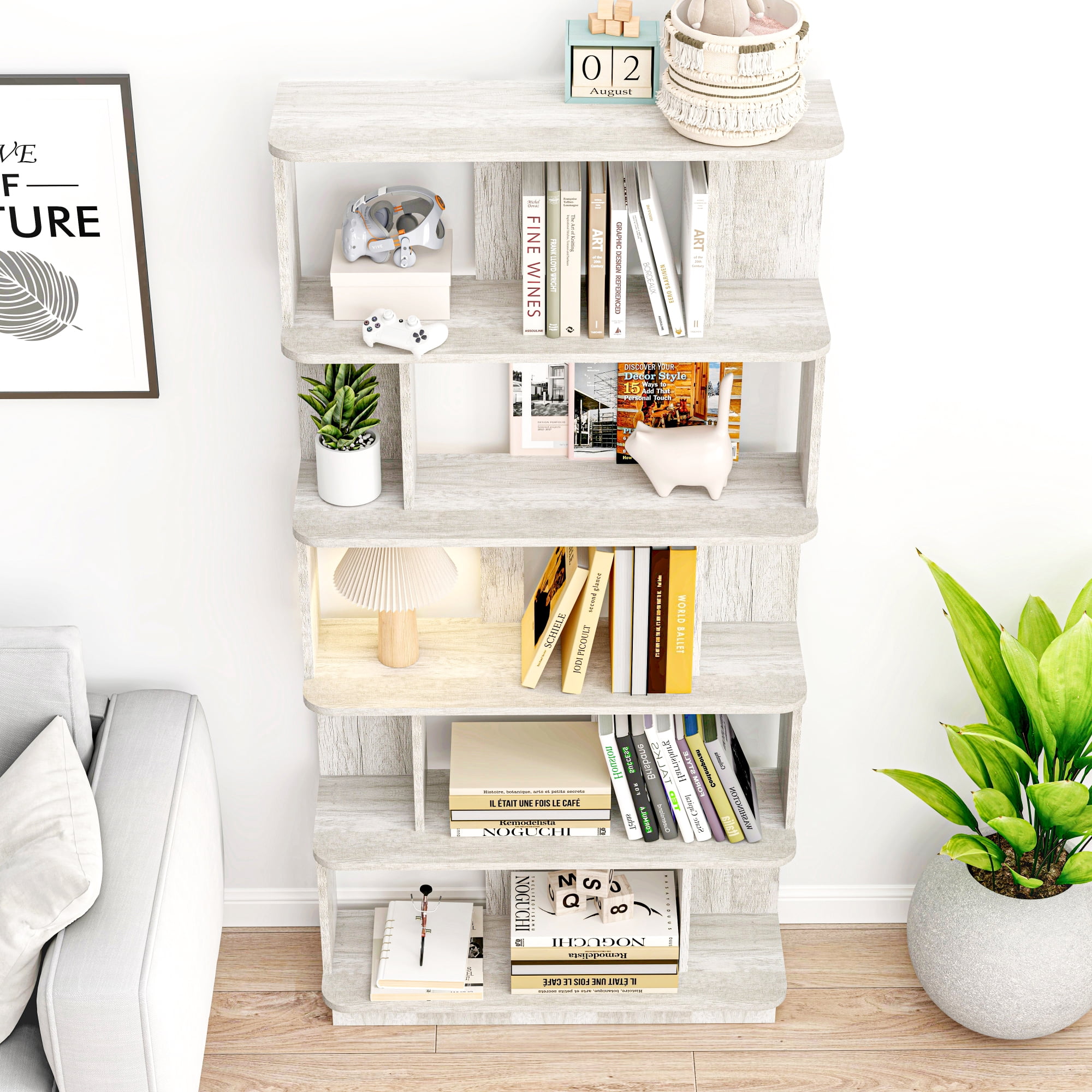 Leumius 5 Tier Open Storage Bookcase,Free Combination Bookshelf,Wood Display Shelving for Living Room Home Office Bedroom Decor Organizer,31.5" L x 64.56" H,Light Gray