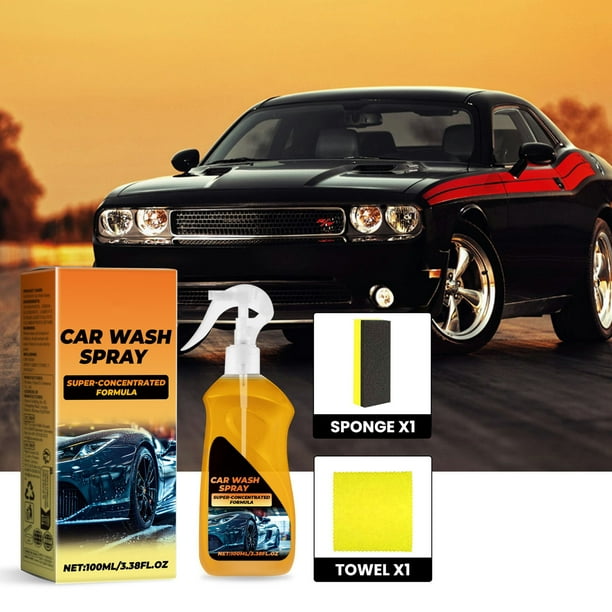 Car Wash Spray | 100ml Pre-Measured Dissolvable Concentrated Cleaner | Safe for Exterior Surfaces | Works on Cars, Trucks, SUVs, Motorcycles | Powerful Detergent | Includes Sponge
