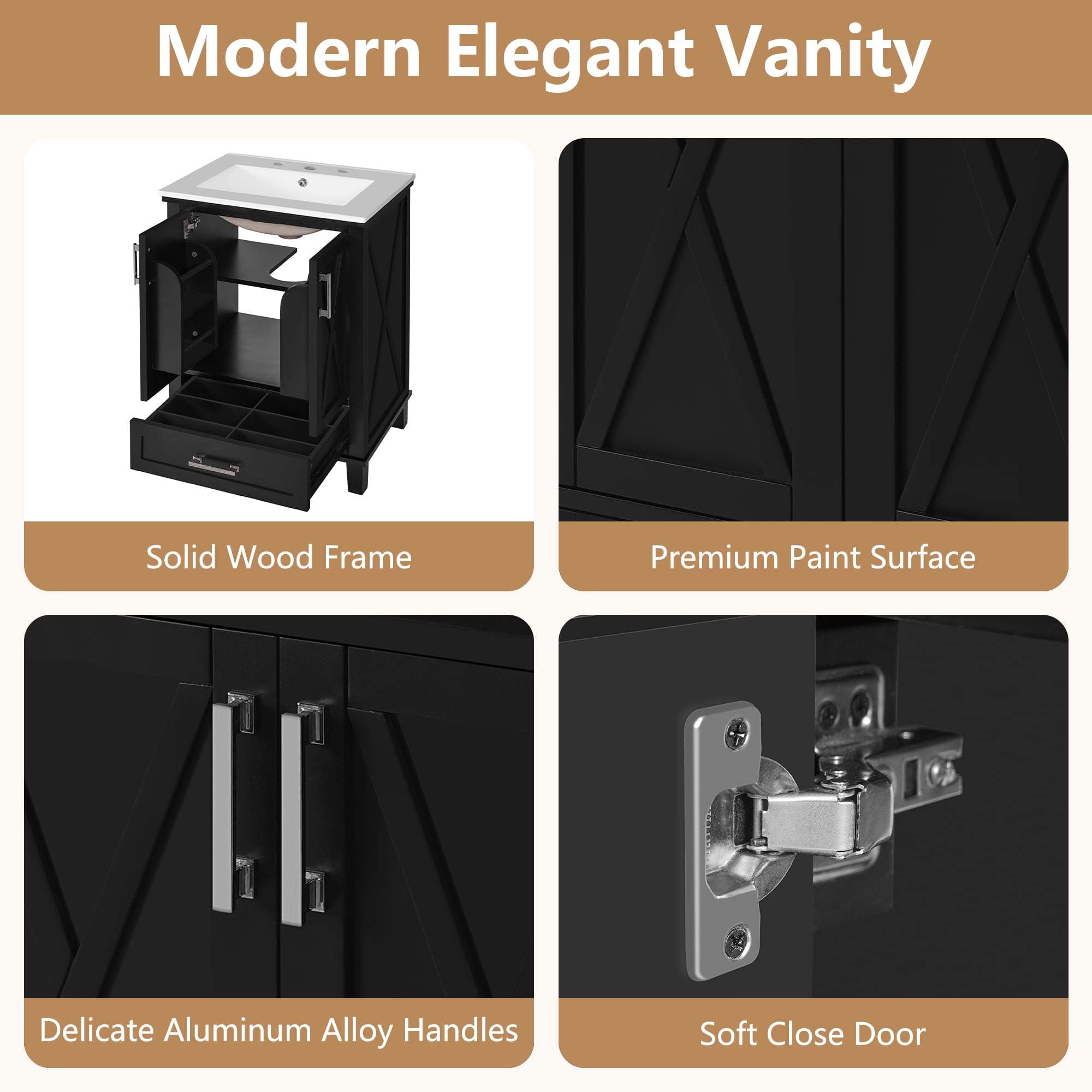 Euroco 24-inch Bathroom Vanity with Single Sink, Solid Wood Frame + MDF, 2 Soft-Close Doors, 1 Divided Drawer, Dual Storage Shelves, Ample Storage Space