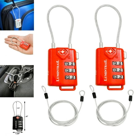 Travel Sentry Cable Lock - 2 Pack Lumintrail TSA Approved 3 Digit Combination Travel Lock with Steel Cable - Red