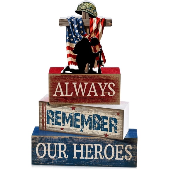4 Pcs 4th of July Decorations Patriotic Memorial Day Tabletop Decoration Red White Blue Table Centerpieces Sign for Office Tiered Tray Home Shelf 250th Anniversary(4th of July)