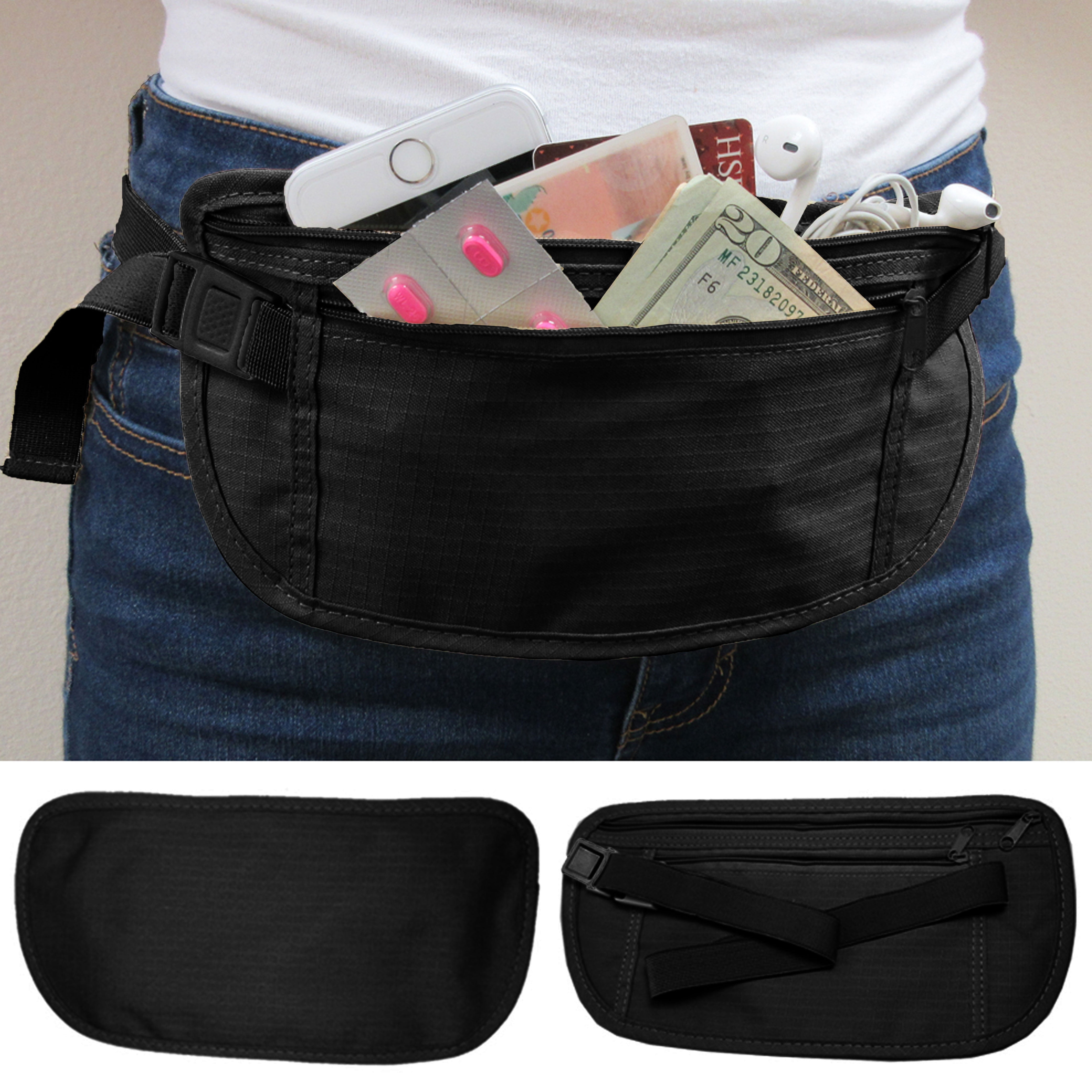 1 Waist Belt Bag Travel Pouch Hidden ID Security Money Compact Black - Walmart.com